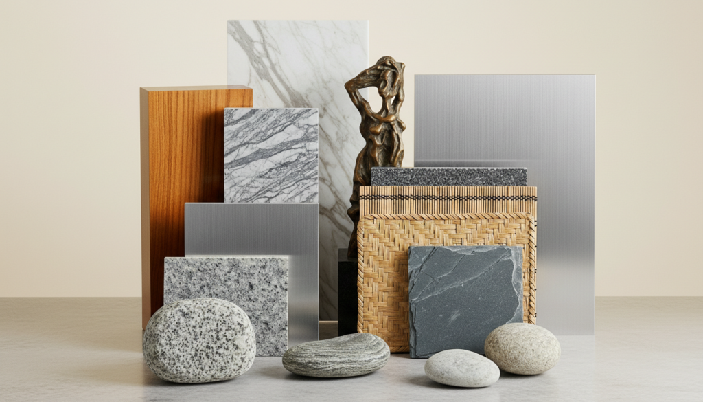 wood, marble, aluminium, bamboo